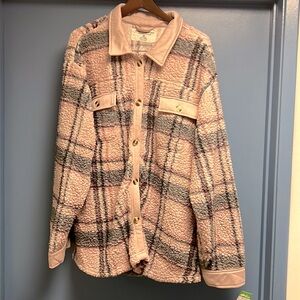 3X the sweatshirt project light pink grey plaid fluffy fleece jacket
